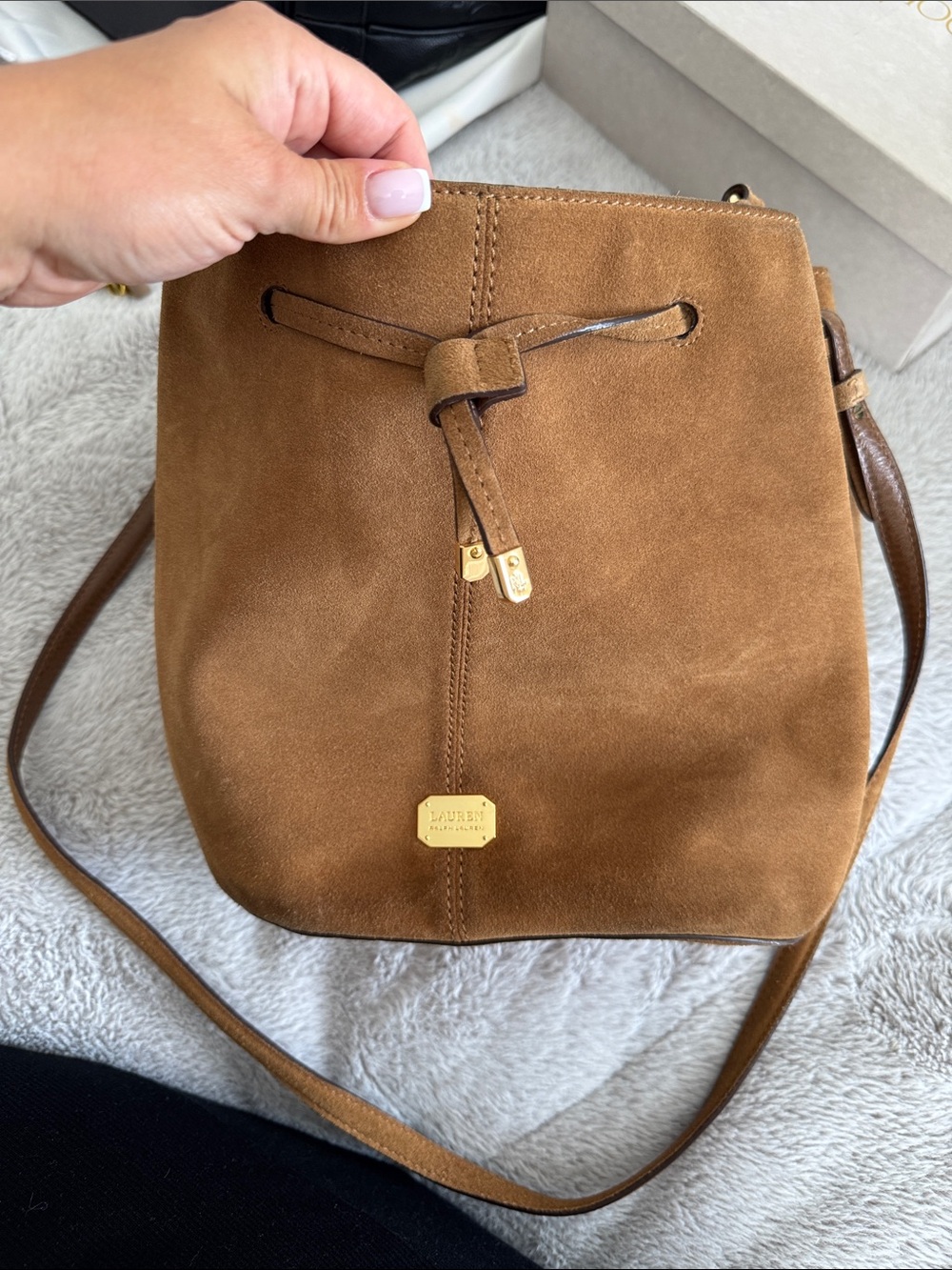 Lauren Ralph Lauren Tan Suede Drawstring Crossbody Bucket Bag